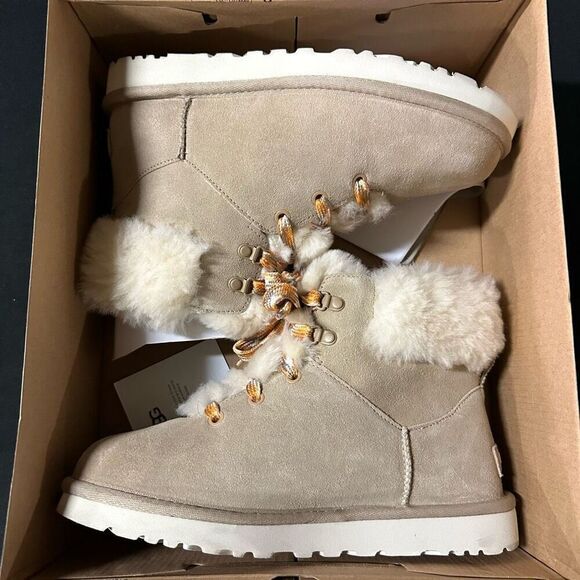 UGG Shoes - Ugg Classic Mini Alpine Lace Suede Shearling Booties 8 Sand